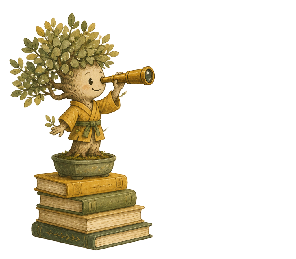 Illustrated bonsai character with a spyglass watching a wall of documents